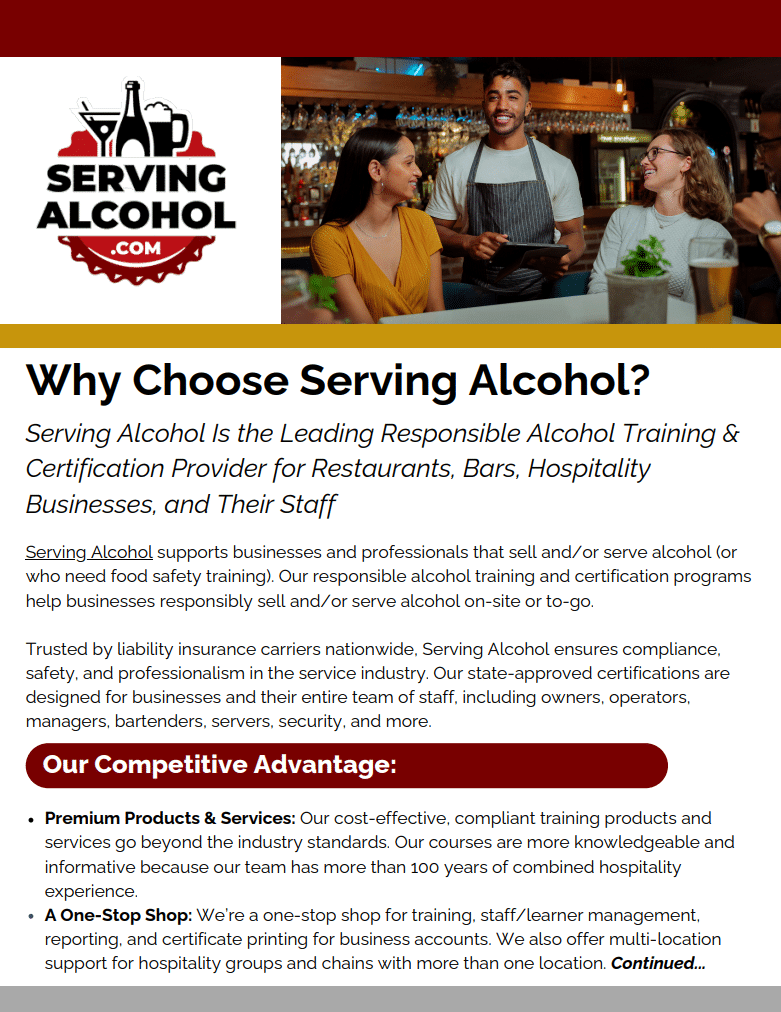 serving alcohol info sheet for restaurants, hotels, cruise lines, bars, catering, grocery
