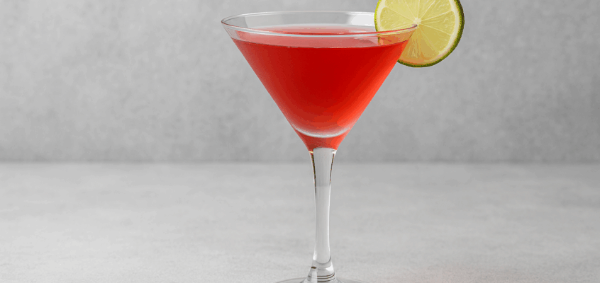 A stunning, brightly lit Cosmopolitan cocktail centered in a martini glass with a citrus twist, used as a hero image for a drink menu.