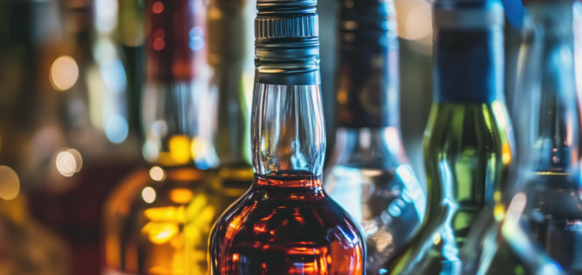 A close-up, shallow depth-of-field shot of several liquor bottles on a bar, with one central bottle of amber spirits in sharp focus.