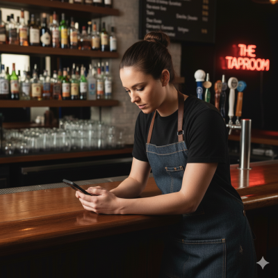 Young Woman taking Wisconsin bartender license training on her phone